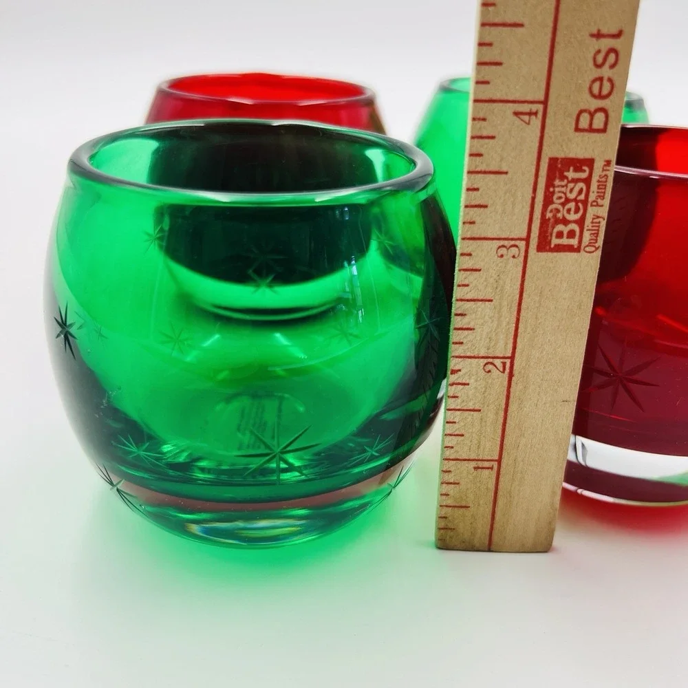 Votive Holder Set Etched Starburst Red Green Glass Hand‎ Blown Poland Christmas